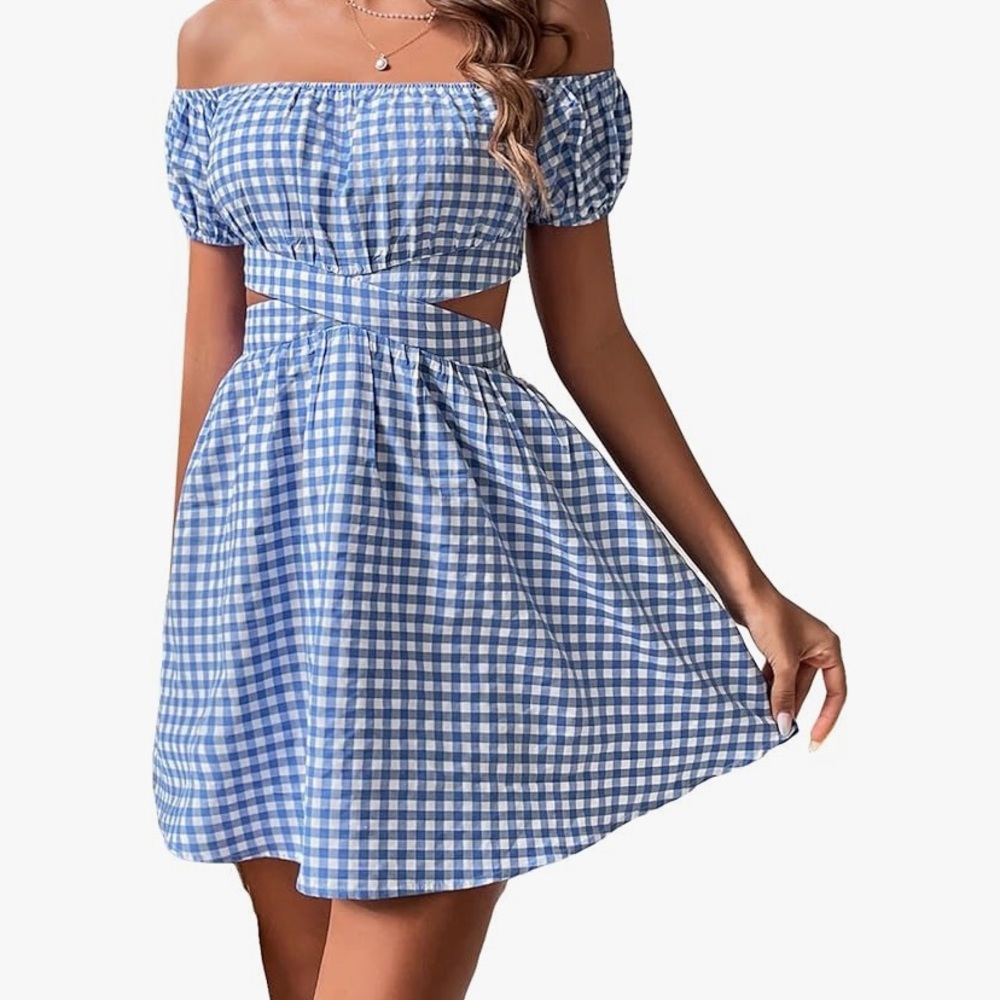 SHEIN Blue Checkered Off-Shoulder Mini Dress